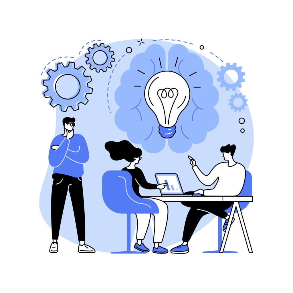 Illustration of a team sharing ideas around a lightbulb and gears